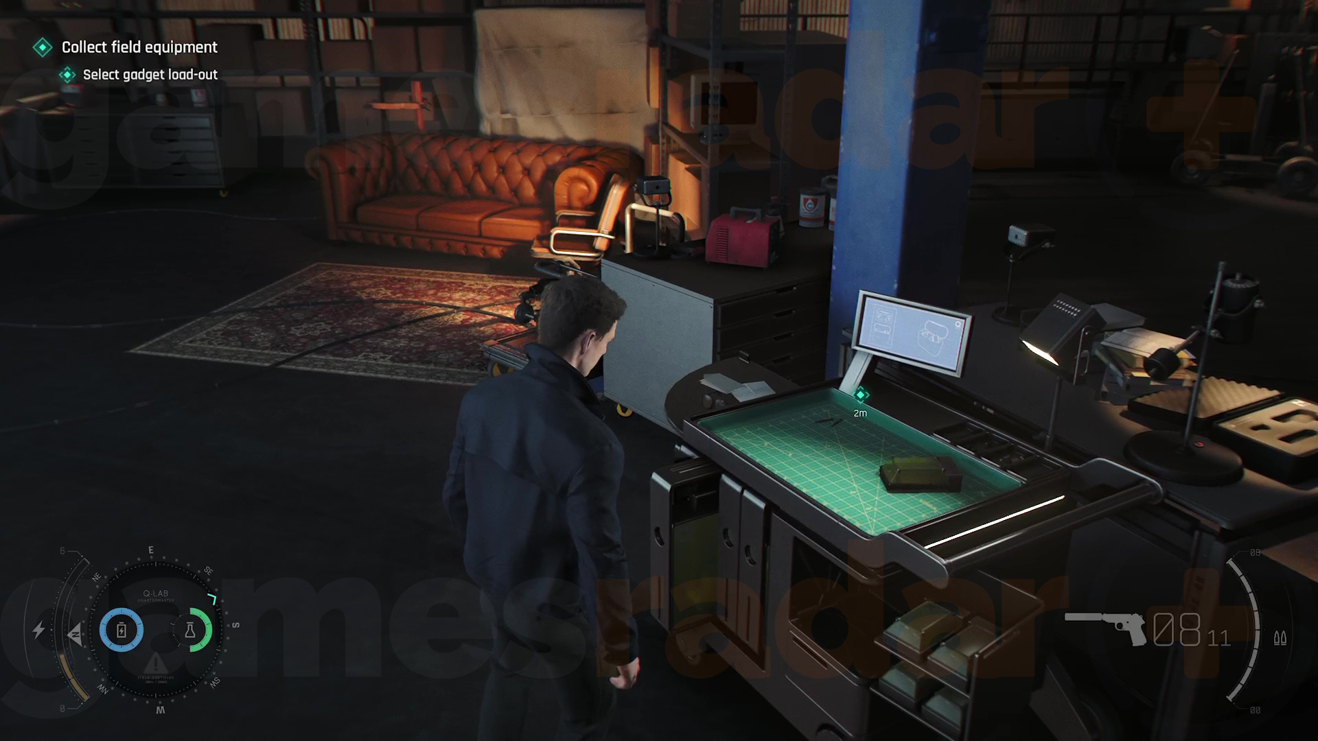 James Bond looks at the gadget cart to choose his loadout in 007 First Light