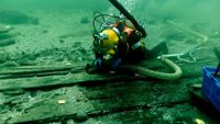 An underwater photo of a diver at the Sv&aelig;lget 2 shipwreck site. 