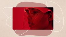 An image of a woman wearing an LED mask on a pink swirly background to reflect the question of how long do LED masks last