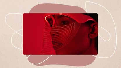 An image of a woman wearing an LED mask on a pink swirly background to reflect the question of how long do LED masks last