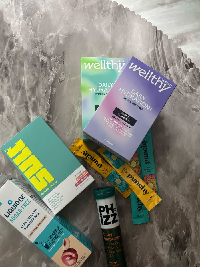 A selection of the best electrolytes on a grey marble table