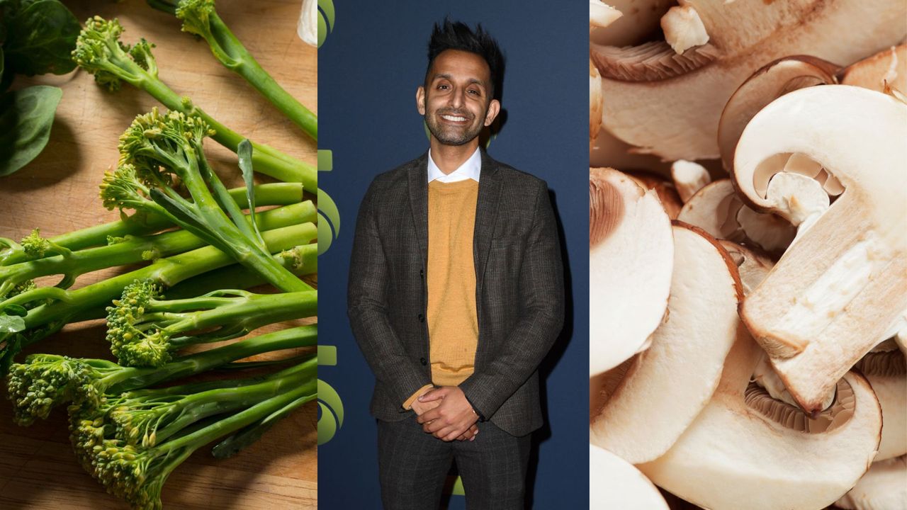 Tenderstem broccoli in collage with Dr Amir Khan and sliced mushrooms