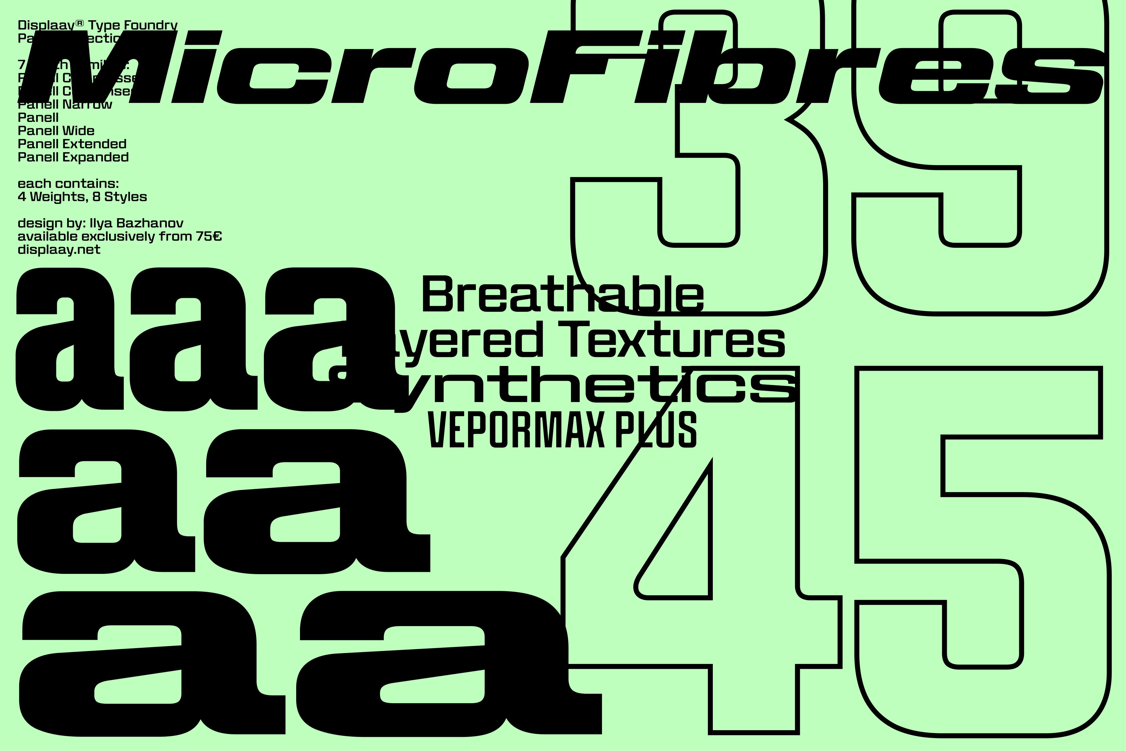 A light green typographic poster displaying "MicroFibres" and various large glyph scales of "Panell," a bold, ultra-wide, and modern tech-inspired sans-serif typeface family.