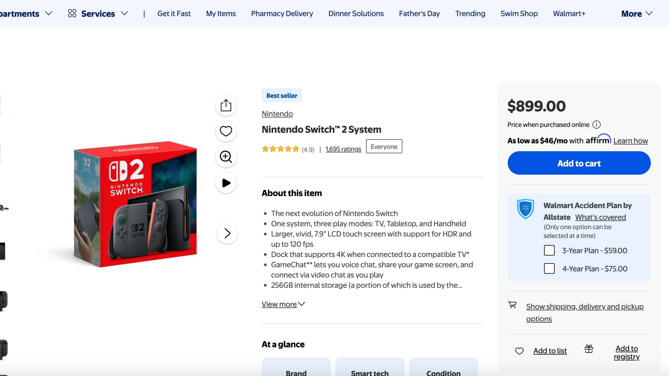 Screenshot of Switch 2 listing on Walmart