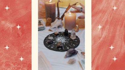 What is the luckiest star sign of March? Pictured: astrology symbols, tarot cards and candles on a pink background