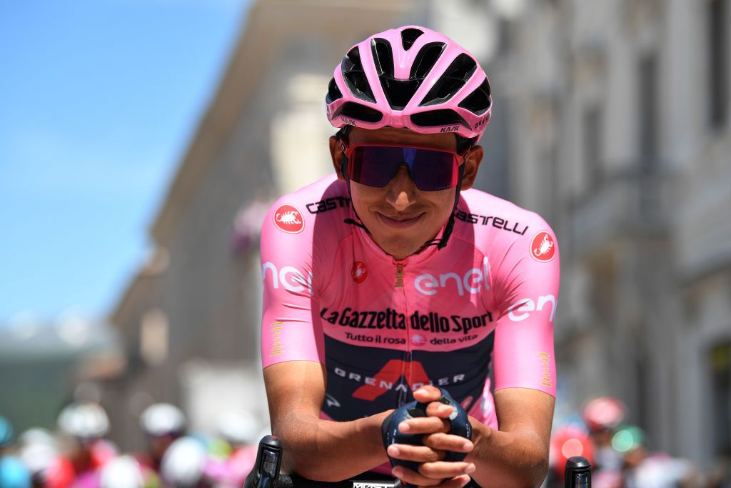 FOLIGNO ITALY MAY 17 Egan Arley Bernal Gomez of Colombia and Team INEOS Grenadiers Pink Leader Jersey at start during the 104th Giro dItalia 2021 Stage 10 a 139km stage from LAquila to Foligno Team Presentation girodiitalia Giro on May 17 2021 in Foligno Italy Photo by Stuart FranklinGetty Images
