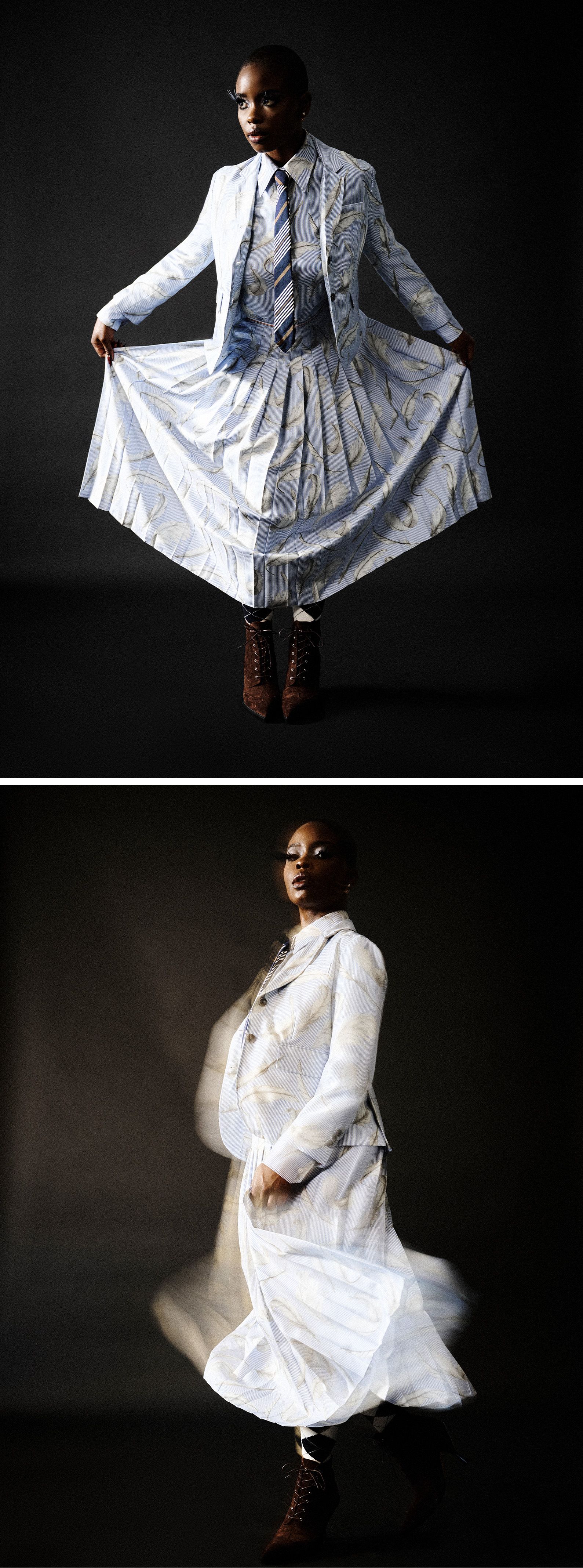 Images of Joy Sunday dancing in a feather print silk twill suit by Thom Browne.