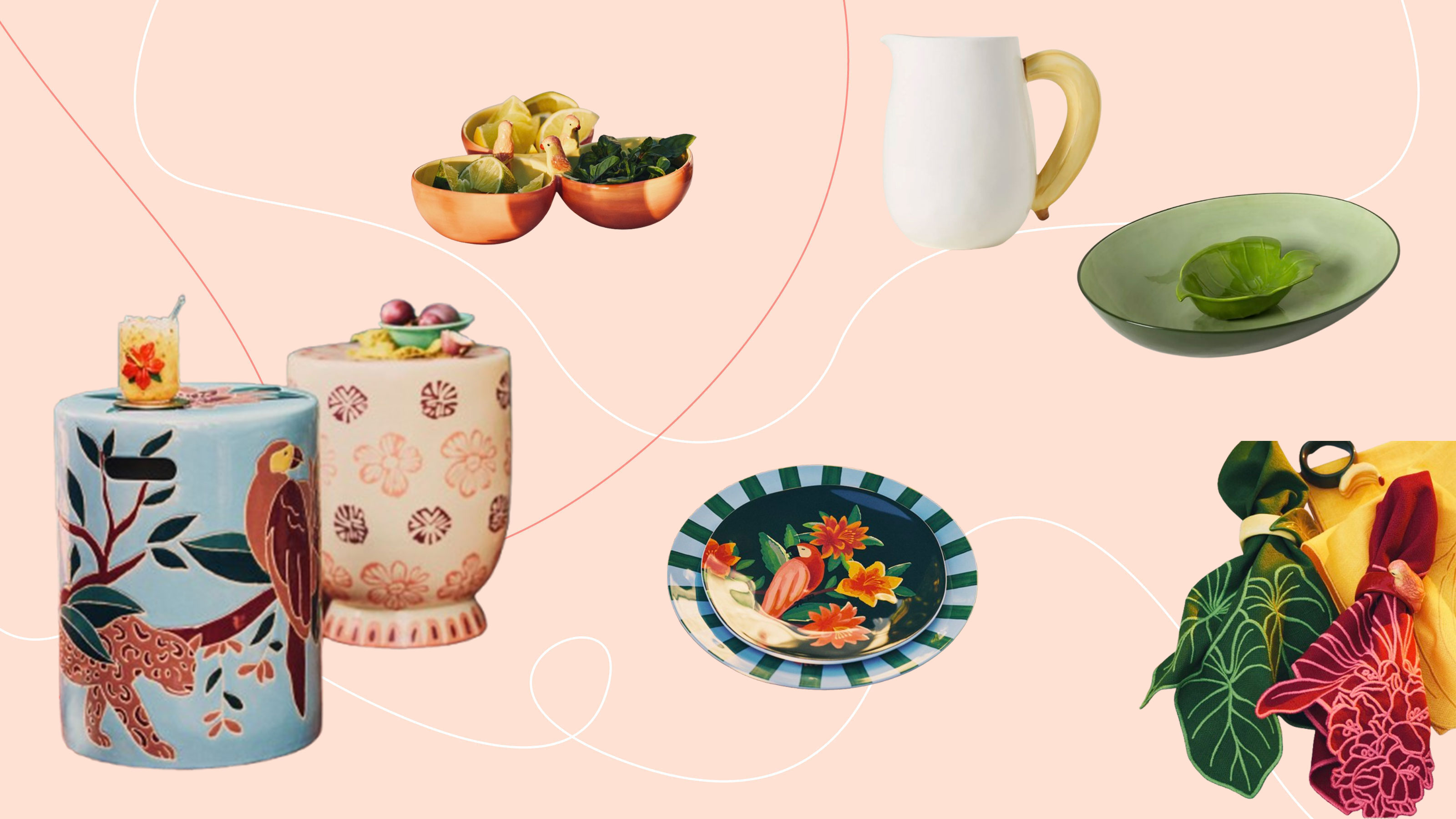 Colourful and tropical inspired homeware on pink background