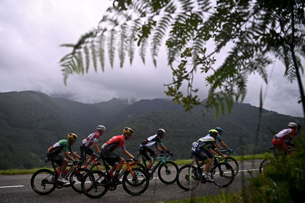The pack rides during the 16th stage of the 108th edition of the Tour de France cycling race 169 km between Pas De La Case and SaintGaudens on July 13 2021 Photo by AnneChristine POUJOULAT AFP Photo by ANNECHRISTINE POUJOULATAFP via Getty Images
