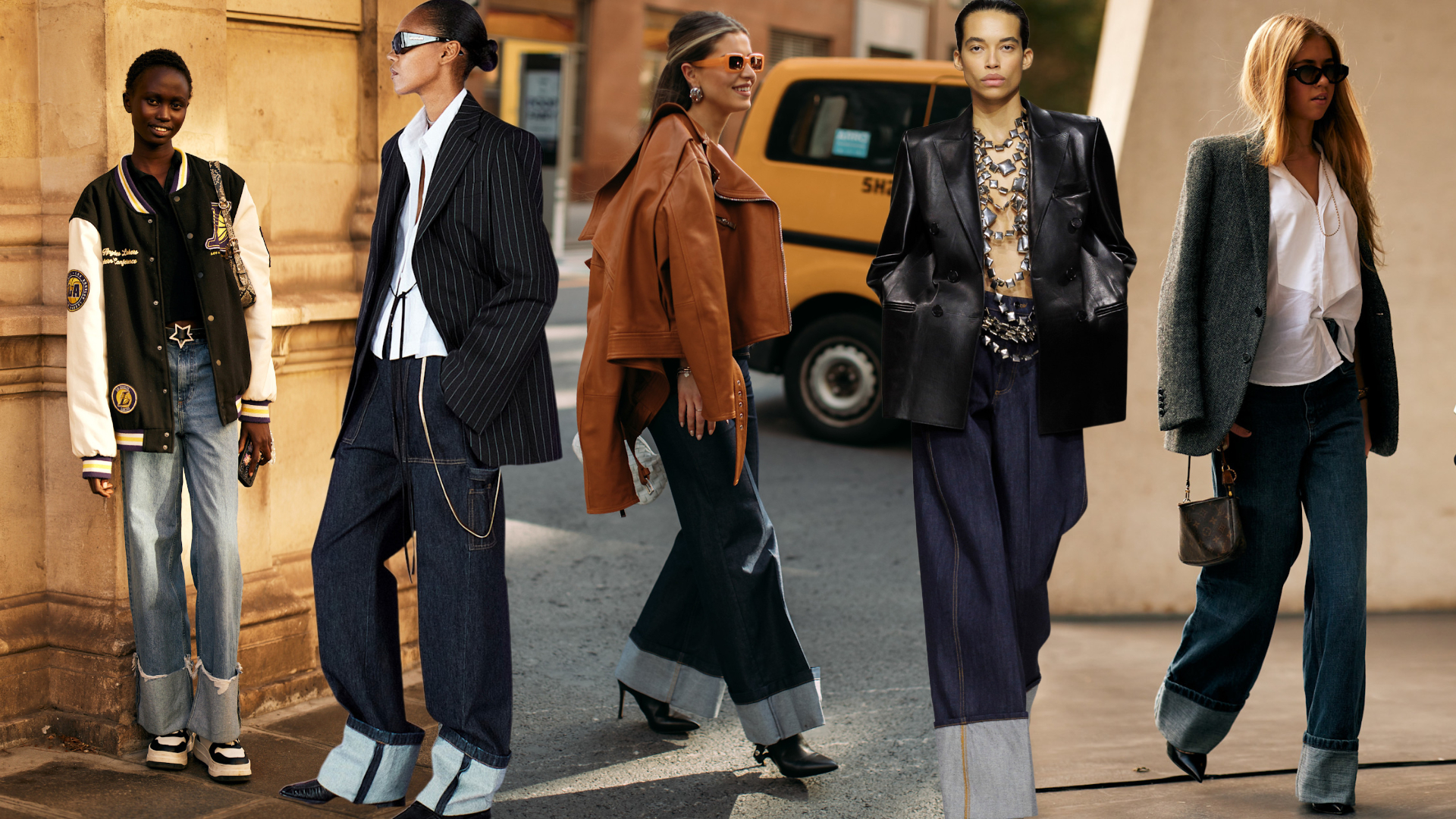 a graphic of women at new york fashion wearing cuffed jeans, Sportmax Resort 2026, and Givenchy Spring 2026