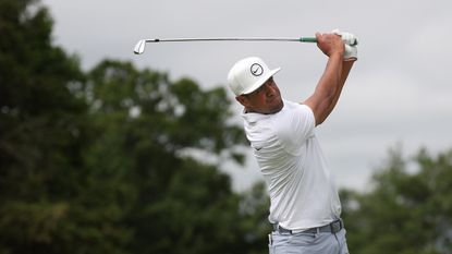 Tony Finau plays his shot from the fifth tee during the Travelers Championship.