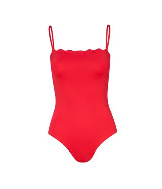 red one piece swimsuit with scalloped top