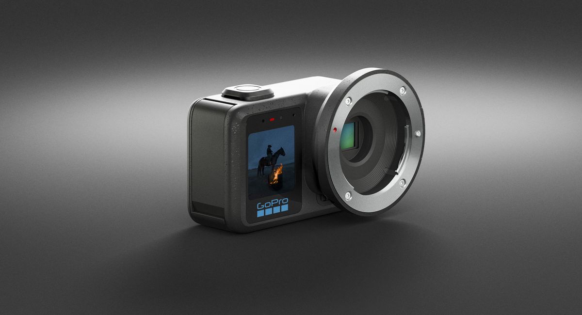 The GoPro Mission 1 Pro ILS action camera on a dark gray studio background