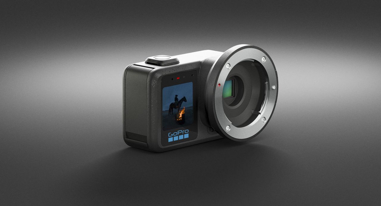 The GoPro Mission 1 Pro ILS action camera on a dark gray studio background