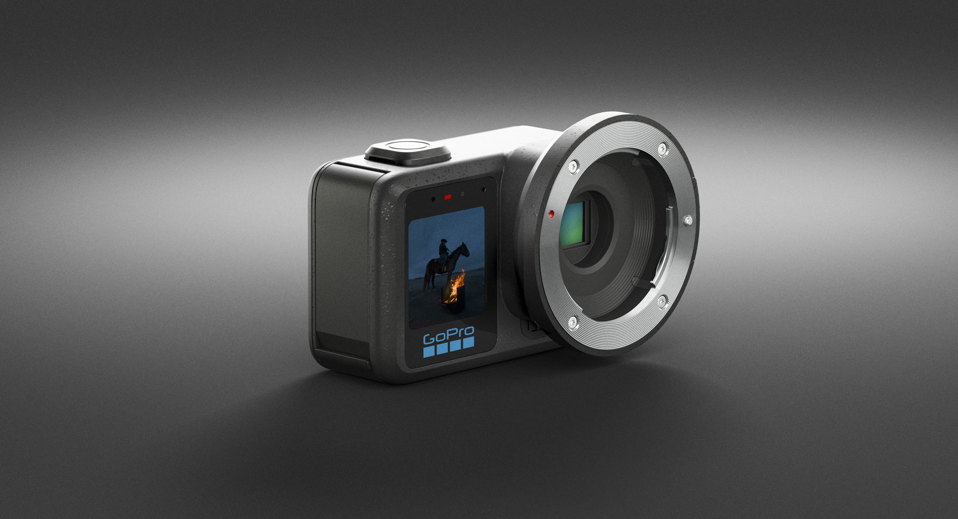 The GoPro Mission 1  Pro ILS action camera on a dark gray studio background