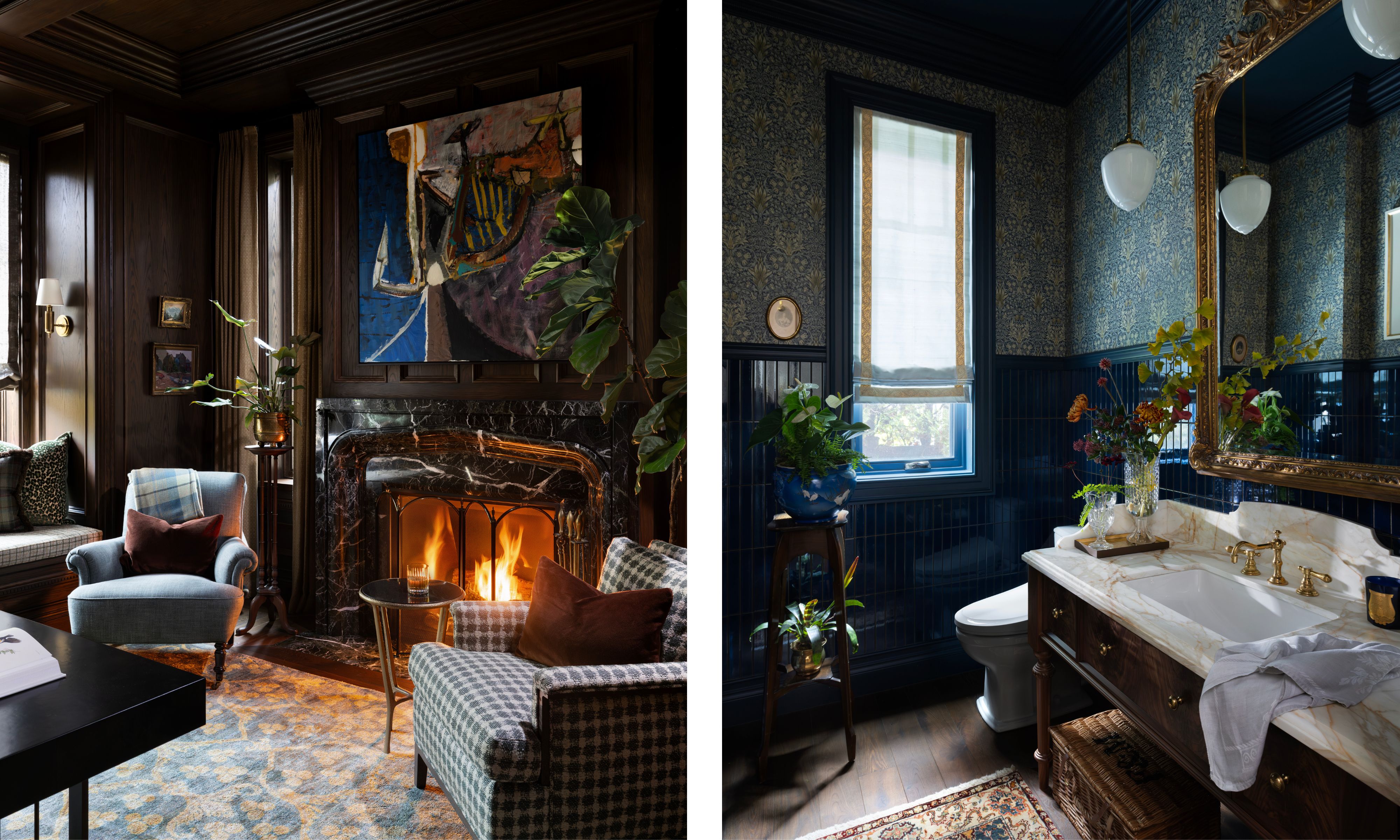 two side by side images of lower level rooms in a Vancouver tudor-style home with a dark brown office space complete with fireplace and a dark blue moody powder room