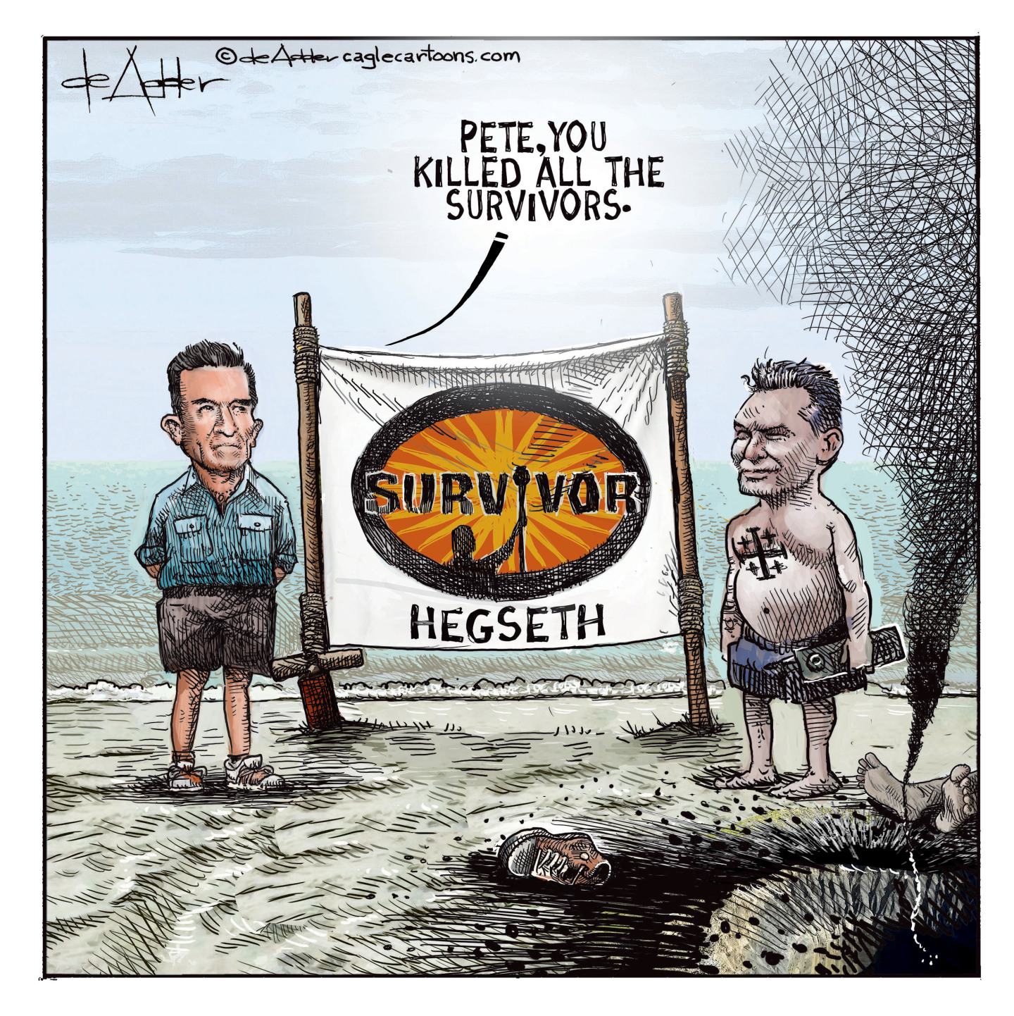 A shirtless Pete Hegseth is a contestant on the TV show &amp;ldquo;Survivor&amp;rdquo; He stands next to a smoking, burning corpse. Survivor host Jeff Probst stands next to a flag with the show&amp;rsquo;s logo and says, &amp;ldquo;Pete, you killed all the survivors.&amp;rdquo;