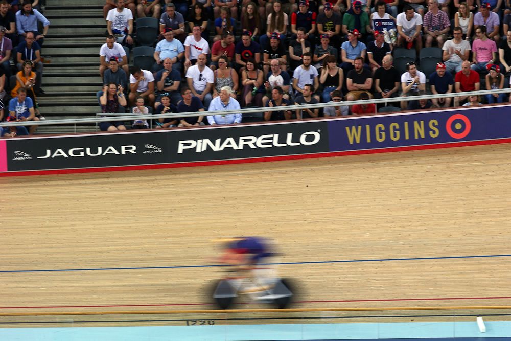 Bradley Wiggins on his way to breaking the UCI One Hour Record at Lee Valley Velopark Velodrome.