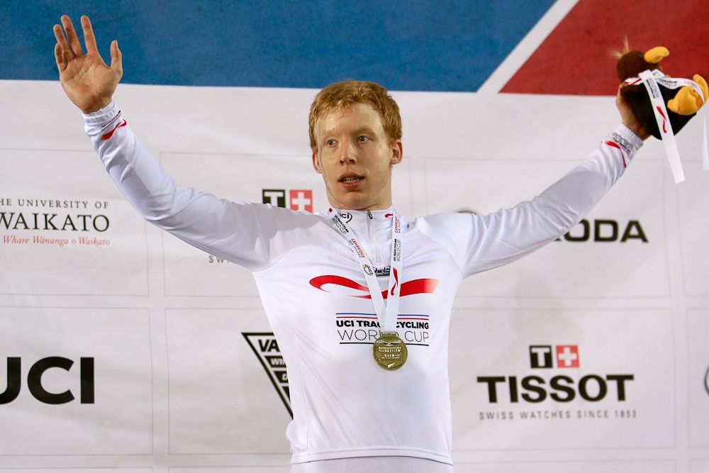 Joachim Eilers of Germany celebrates with his gold medal after winning the final of the Mens Keirin