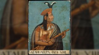Painting of Atahuallpa, Inca XIIII. Here we see a man with long black hair. He is wearing a golden crown with feathers and is holding a golden staff.