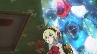 Aigis and her persona in an animated cutscene.