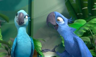 Two animated blue birds stand together in 'Rio"