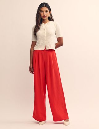 Red Linen-Blend Trousers