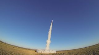 A student-built Mustang 6B sounding rocket streaks into the sky from Spaceport America, ultimately reaching supersonic speeds, during an April 15, 2018, test flight. Students in the Mechanical Engineering Design Clinic at the New Mexico Institute of Mining and Technology built the rocket.
