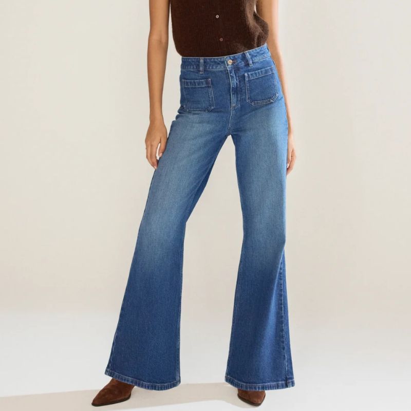 Blue High Rise Highbury Flare Jeans on model 