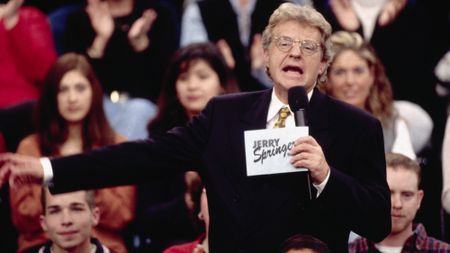 Talk show host Jerry Springer talks to his guests and audience on the set of "The Jerry Springer Show"