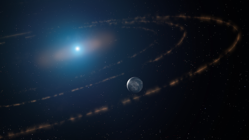 Artist’s impression of the white dwarf star WD1054–226 orbited by clouds of planetary debris and a major planet in the habitable zone.