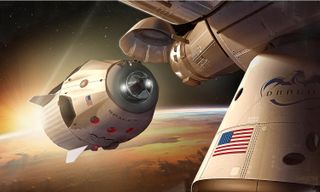 Artist's concept of a Dragon 2 spacecraft bringing astronauts and cargo to the International Space Station under contract to NASA.