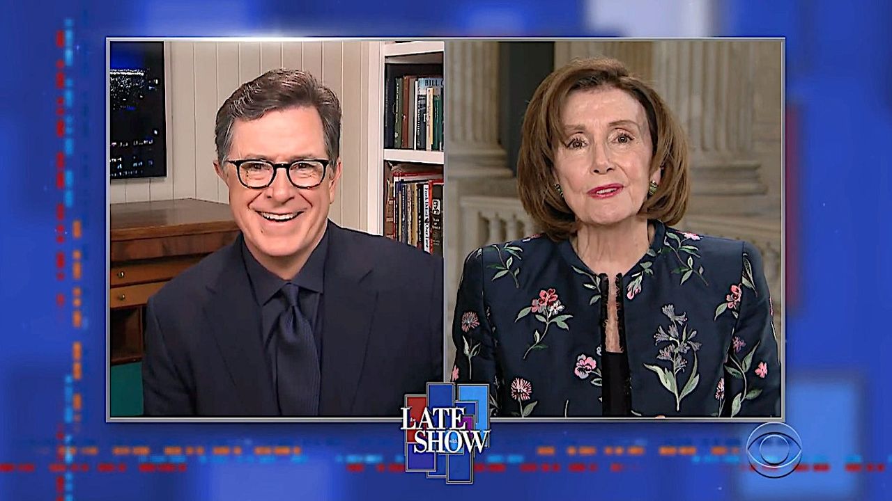 Nancy Pelosi and Stephen Colbert