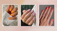 A collage of sorbet-like nail looks: on the left is a hand pictured with pastel orange nails, created by nail artist, Megan Rose (@gel.bymegan). In the middle is a hand pictured with sheer pink almond nails, created by nail artist Fliss Alton (@gelsbyfliss), and finally, on the right is a hand with bright red-orange nails created by nail artist, Mateja Novakovic (@matejanova). All featured in an orange to pink gradient, watercolour paint-style template