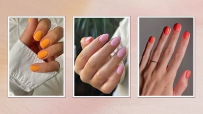 A collage of sorbet-like nail looks: on the left is a hand pictured with pastel orange nails, created by nail artist, Megan Rose (@gel.bymegan). In the middle is a hand pictured with sheer pink almond nails, created by nail artist Fliss Alton (@gelsbyfliss), and finally, on the right is a hand with bright red-orange nails created by nail artist, Mateja Novakovic (@matejanova). All featured in an orange to pink gradient, watercolour paint-style template