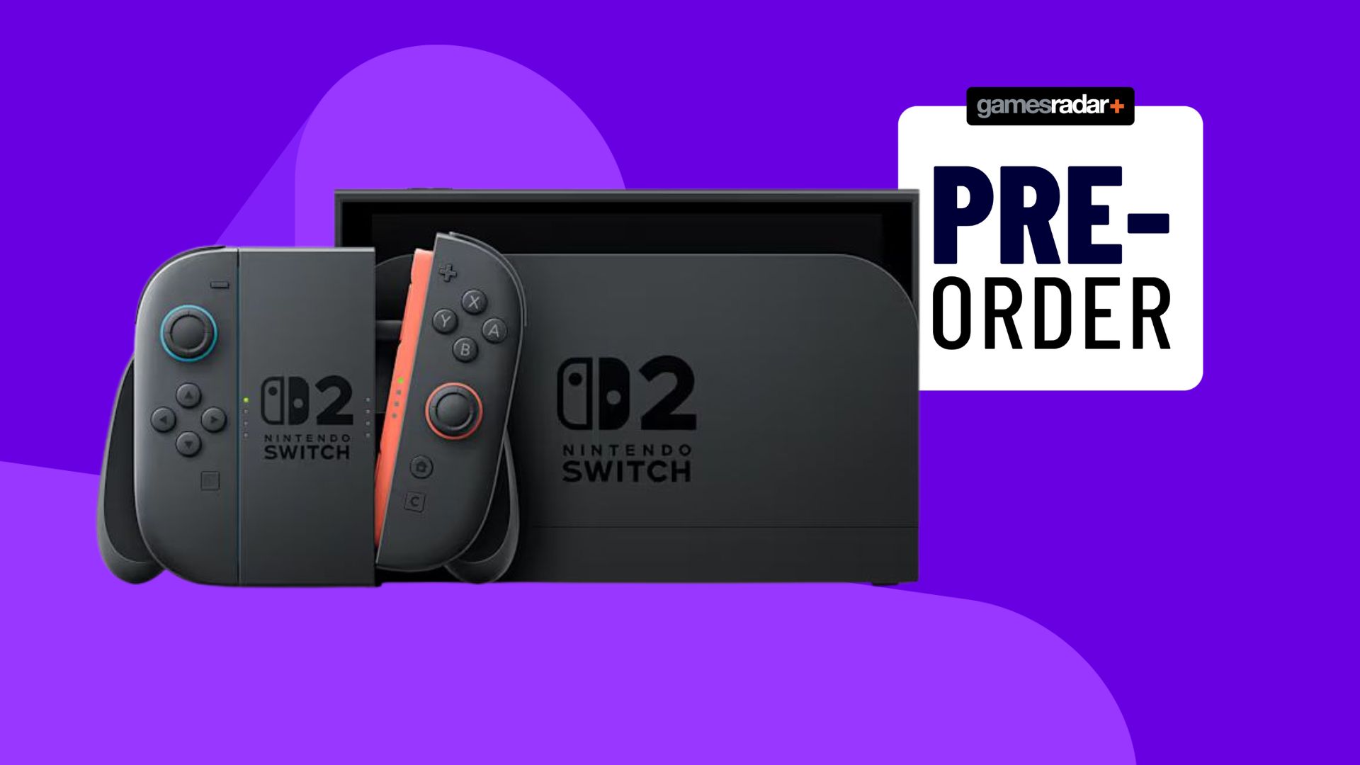 A Nintendo Switch 2 on a purple background, with a pre-order stamp slightly behind it