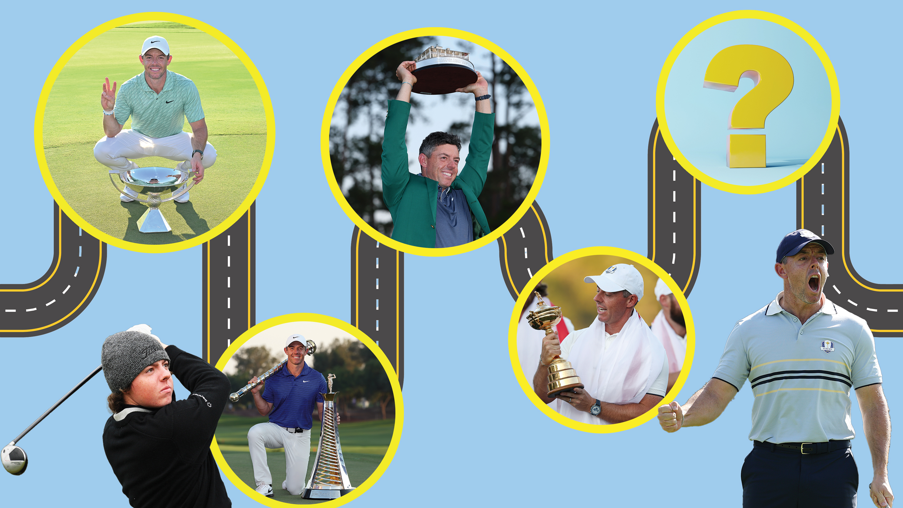 A road representing the career journey of Rory McIlroy, with images of his FedEx Cup win in 2022, DP World Tour Championship win in 2024, Masters win in 2025, recent Ryder Cup win in the USA and a question mark to represent the question &#039;what&#039;s next for Rory McIlroy&#039; - with inset images of Rory at the start of his career and celebrating at the 2025 Ryder Cup