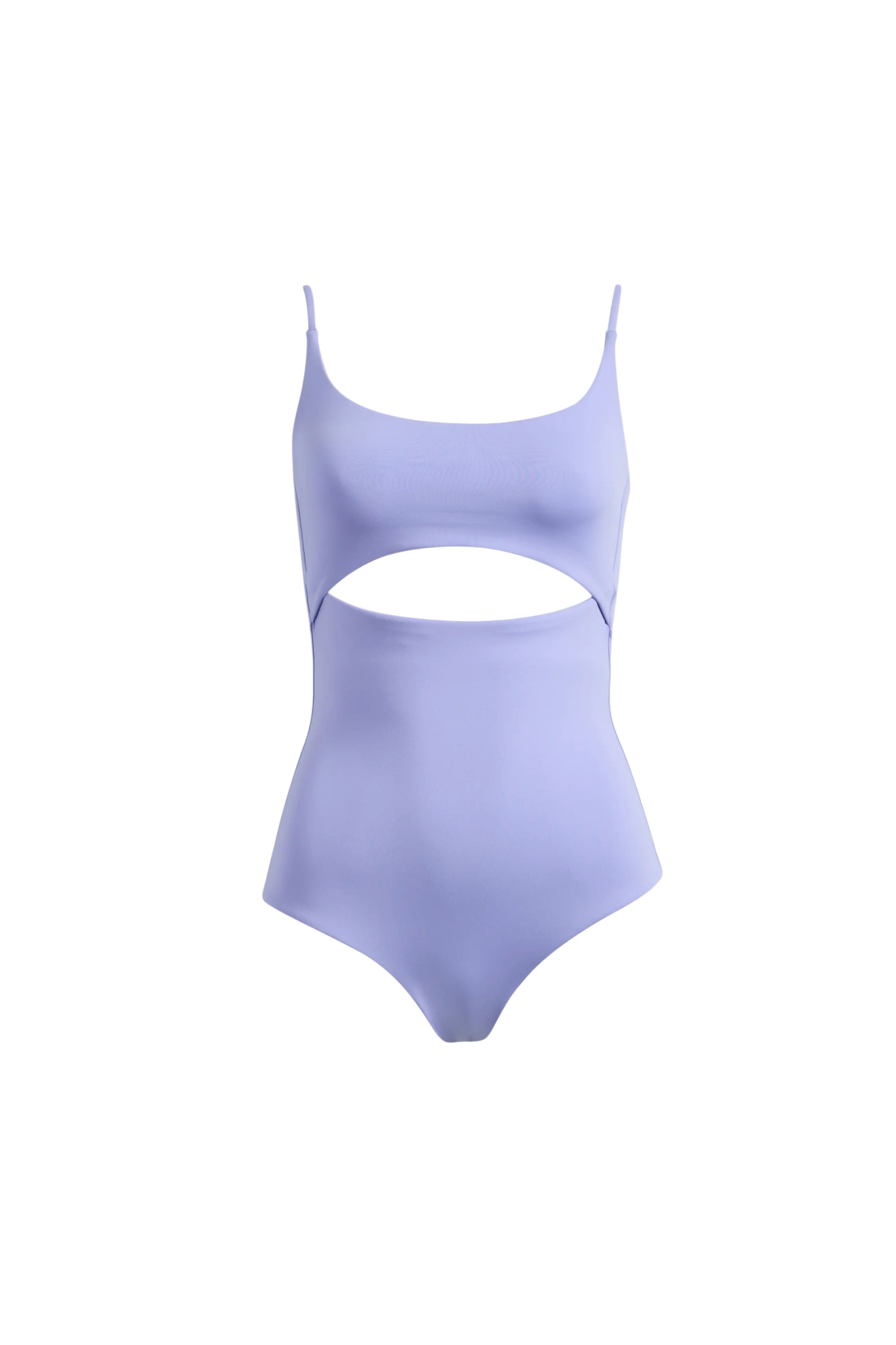 Periwinkle one-piece swimsuit with stomach cut-outs and cami straps.