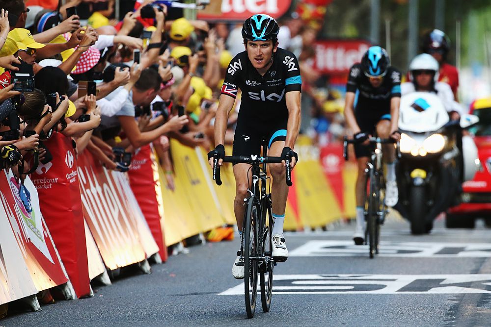 Geraint Thomas (Team Sky) crosses the line after crashing on the descent