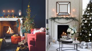 compilation image of two very different living rooms one dark one white to show how to make a Christmas tree look expensive according to your colour scheme