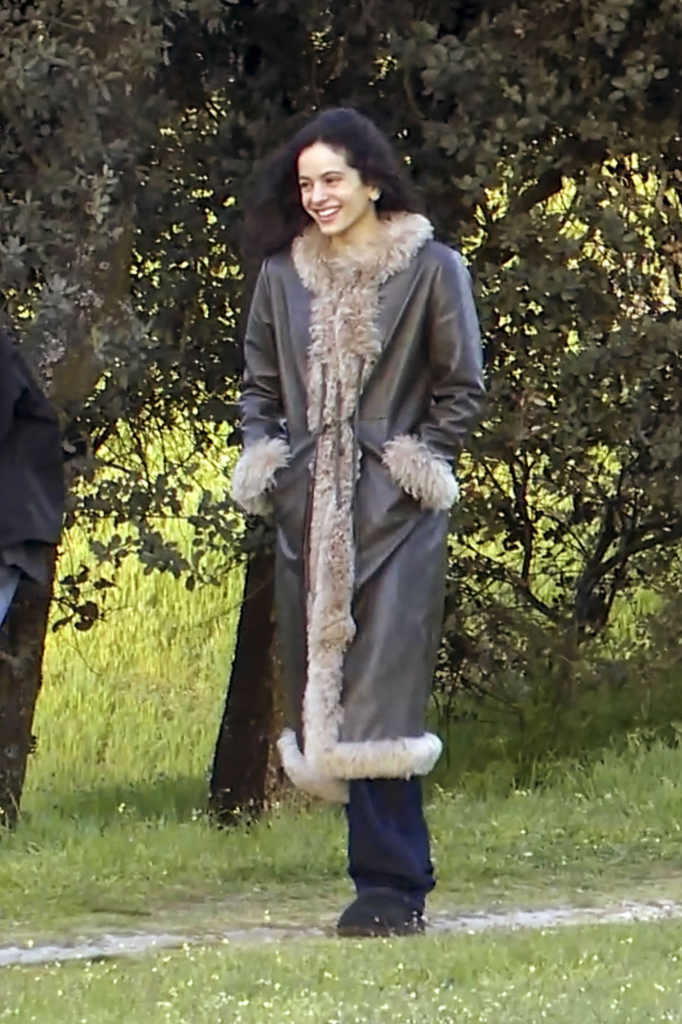 Rosalia gave her slippers the high-low treatment with a leather take on the Penny Lane coat trend