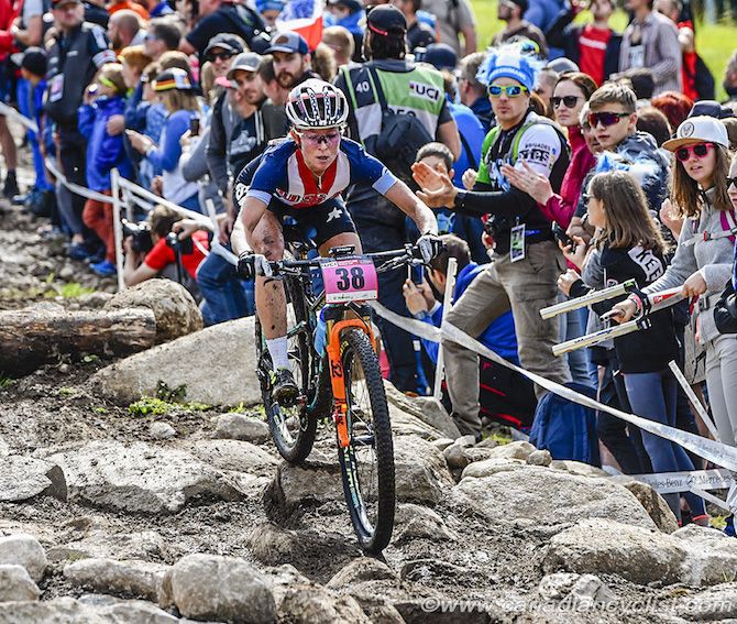 Erin Huck during the final round of the 2018 UCI XCO World Cup in La Bresse, France