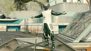 A Starfield character wearing the Mantis armor set, showing off with their arms spread wide.