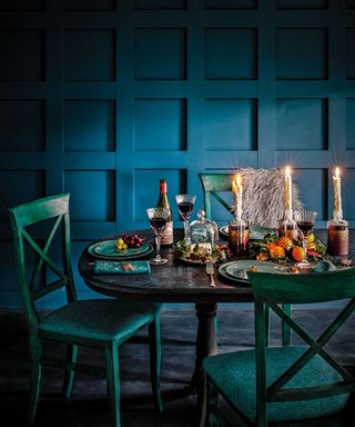 Peacock blue Christmas dining scheme in a blue dining room