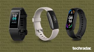 Best cheap fitness trackers: Pictured here, three fitness trackers on a khaki background