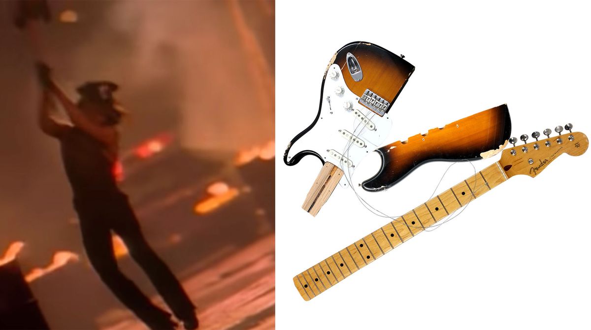 (left) Prince smashes a Stratocaster, (right) the remains of said Stratocaster