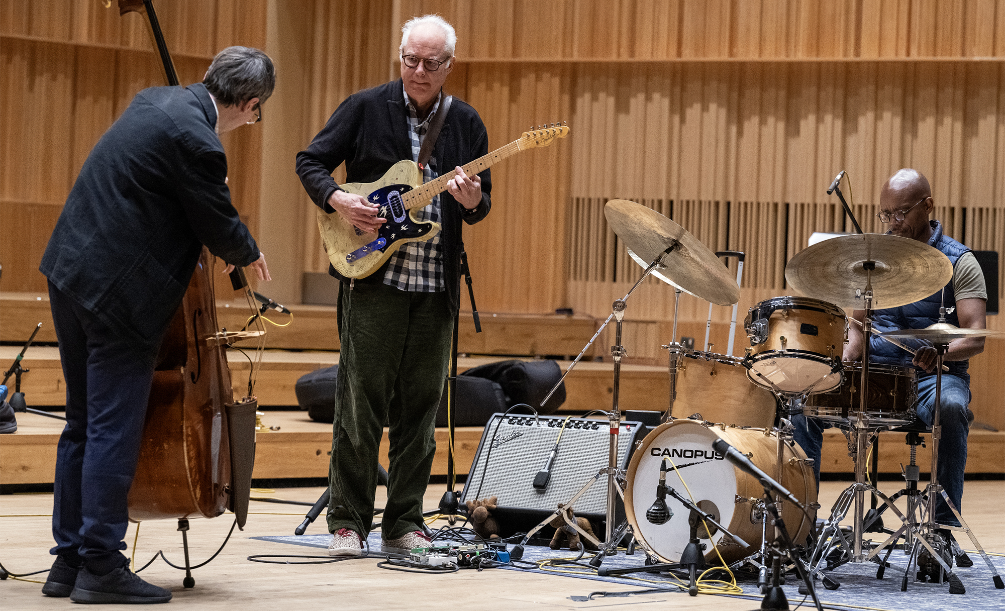(from left) Thomas Morgan, Bill Frisell and Rudy Royston of the Bill Frisell Trio perform at Royal Birmingham Conservatoire on May 17, 2024 in Birmingham, England.
