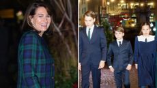 Composite of a picture of Carole Middleton attending the Together at Christmas service 2025 and a picture of Prince George, Charlotte and Louis arriving for the same event