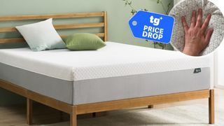 The Zinus 12-inch Green Tea Memory Foam Mattress on a bed frame in a bedroom. In the top right corner is close up of a hand testing the Zinus 10-inch Green Tea Memory Foam mattress. Next to it is a Tom's Guide Price Drop deals badge