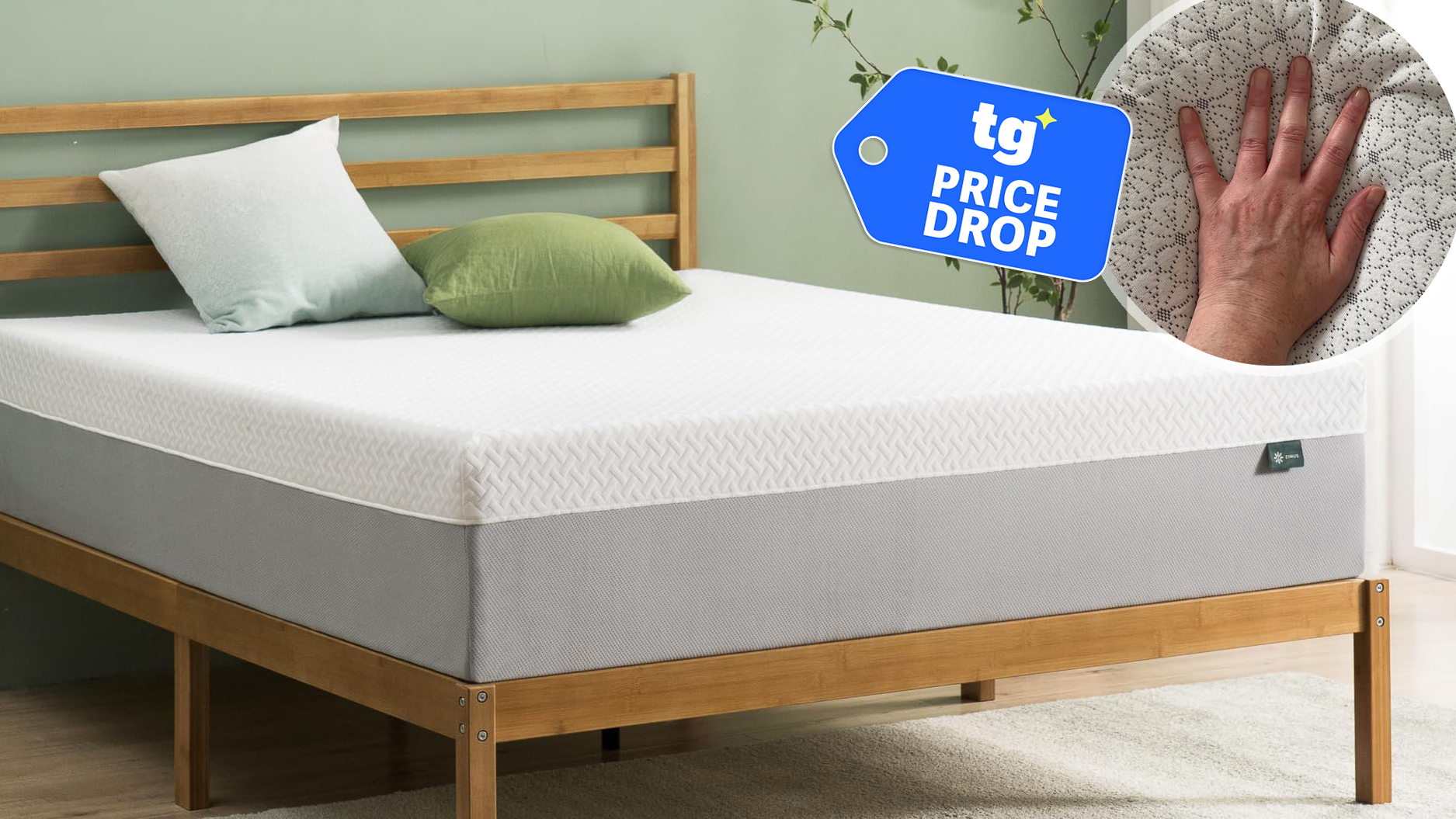 The Zinus 12-inch Green Tea Memory Foam Mattress on a bed frame in a bedroom. In the top right corner is close up of a hand testing the Zinus 10-inch Green Tea Memory Foam mattress. Next to it is a Tom's Guide Price Drop deals badge